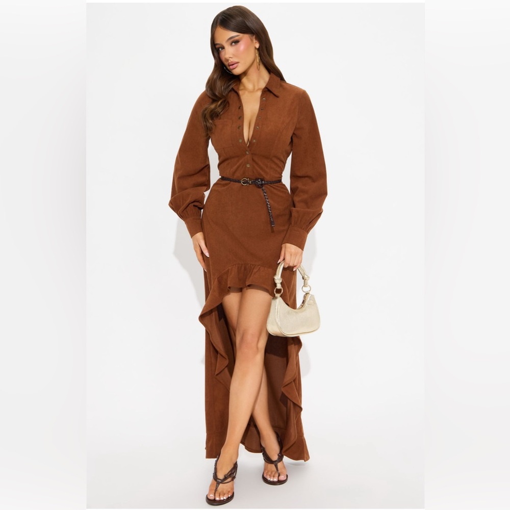 Elegant corduroy Brown Long Sleeve Dress